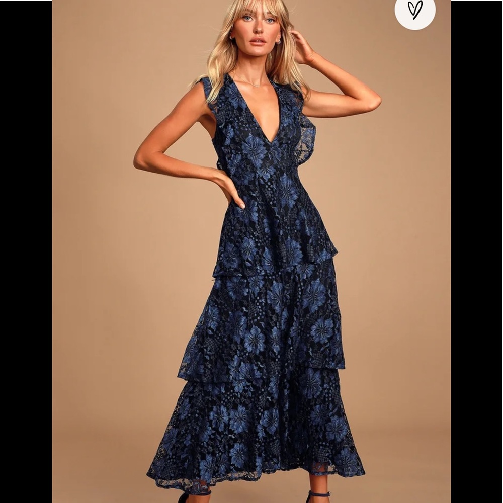 Lulu’s Molinetto Navy Blue Lace Ruffled Tiered Sleeveless Maxi Dress